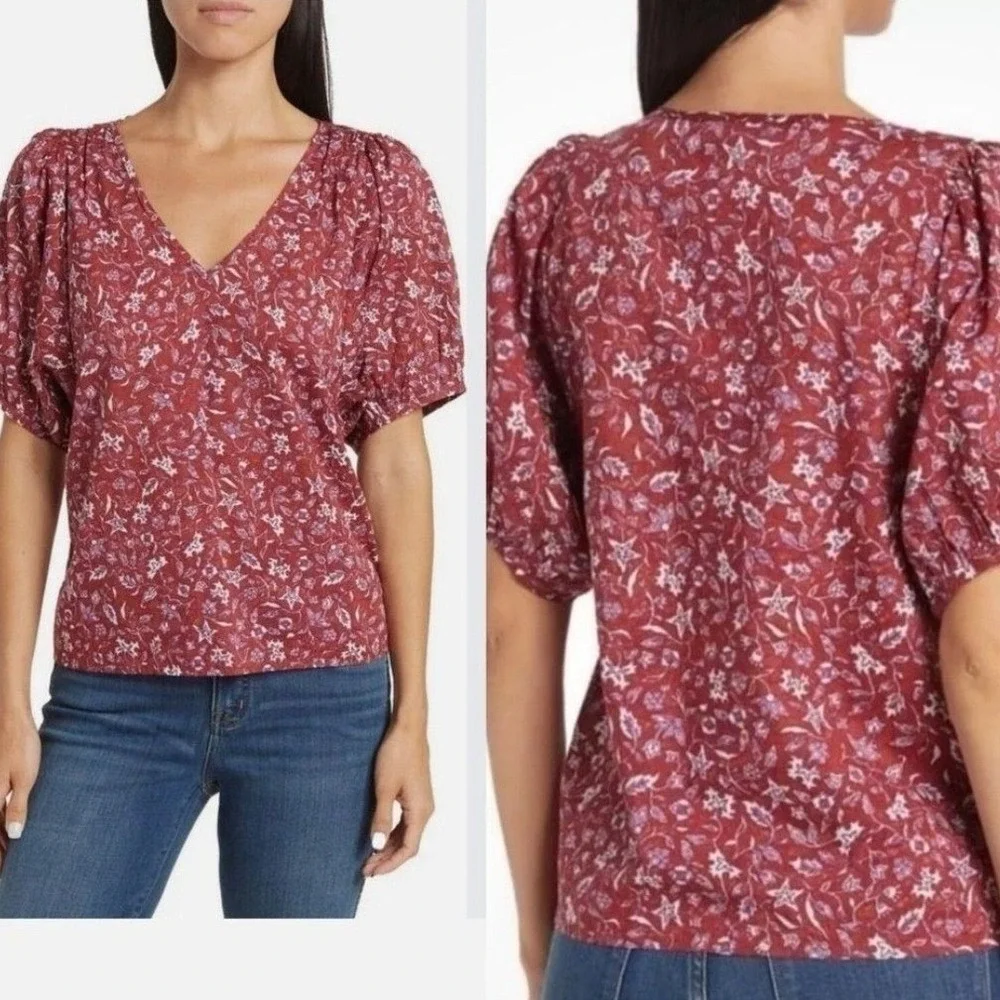 Madewell NWT Womens  NO235 Red Floral V-Neck Puff Short Sleeve Cotton Top XXL
